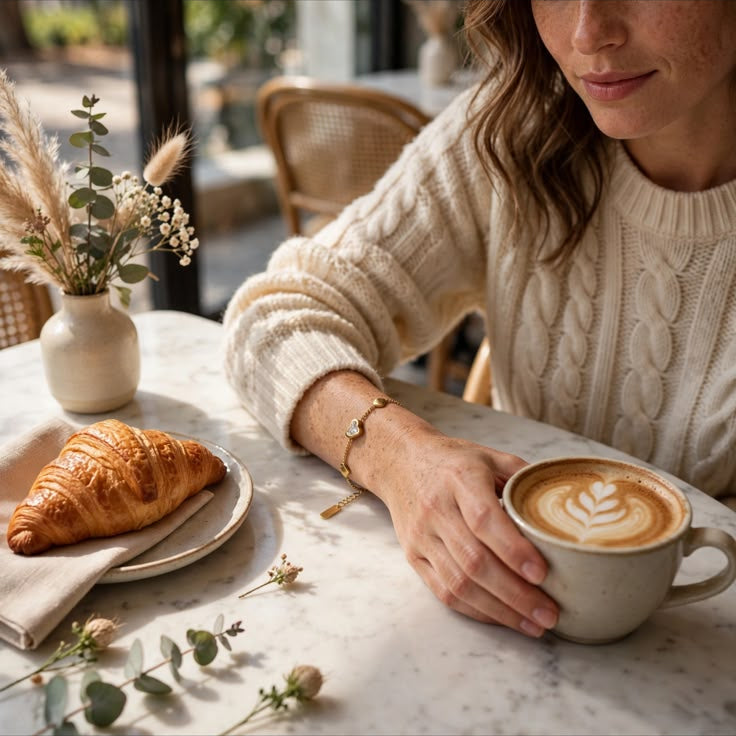 A woman in a cream cable-knit sweater sits at a cafe table holding a cup of latte art coffee, with a croissant on a plate beside her. The scene is softly lit with warm natural light and black letterbox bars at the top and bottom.