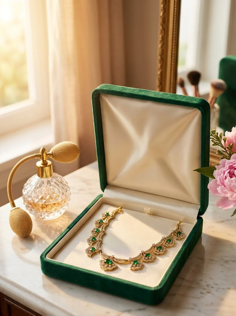 An open dark green jewelry box with a cream interior, displaying a gold-toned necklace with green gemstone accents. The box sits on a marble tabletop in a styled room setting with a perfume bottle, flowers, and a mirror in the background.