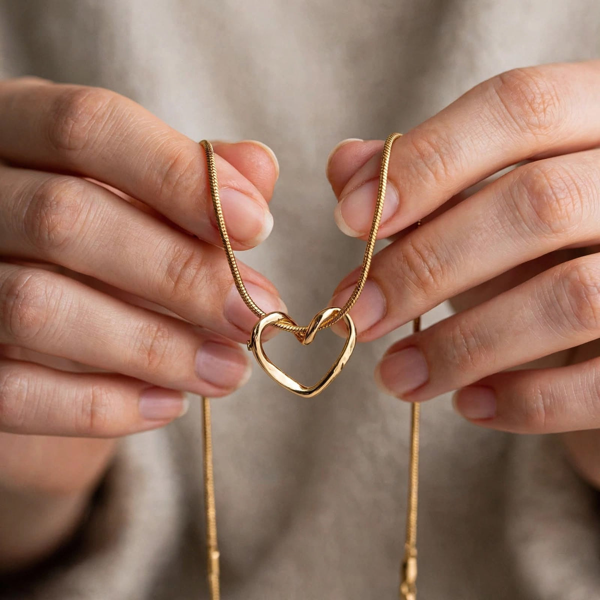 A close-up of a person's hands holding a gold heart-shaped pendant necklace against a soft beige knit sweater background.
