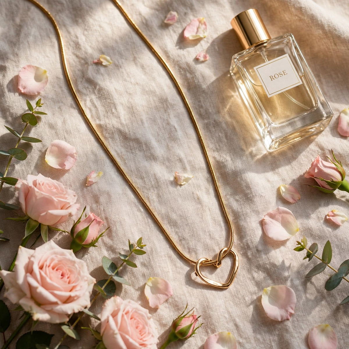 A gold heart-shaped pendant necklace and a clear glass perfume bottle labeled ROSE are arranged on a beige linen surface with pink roses, petals, and greenery in soft natural light.