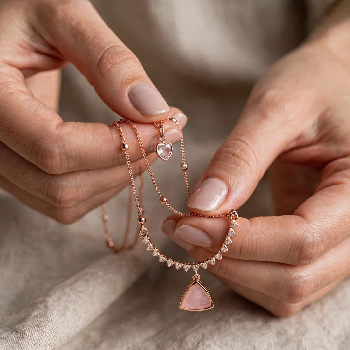A close-up of a person's hands holding a delicate rose gold necklace with a pink stone pendant and a small heart charm, set against a soft beige fabric background.